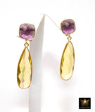Purple Amethyst and Citrine Stud Earrings, Gold Over 925 Silver Teardrop Yellow Gemstone, LSU Jewelry
