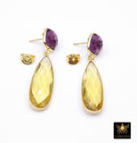 Purple Amethyst and Citrine Stud Earrings, Gold Over 925 Silver Teardrop Yellow Gemstone, LSU Jewelry