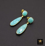Amazonite Stud Earrings, Aqua Blue Gold Over 925 Silver Teardrop Gemstone, Dangle Earring Jewelry