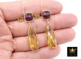 Purple Amethyst and Citrine Stud Earrings, Gold Over 925 Silver Teardrop Yellow Gemstone, LSU Jewelry