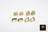 Gold Post Stud Earring Findings, 6 Pieces 10 mm Gold Plated Round, Textured Square #3630