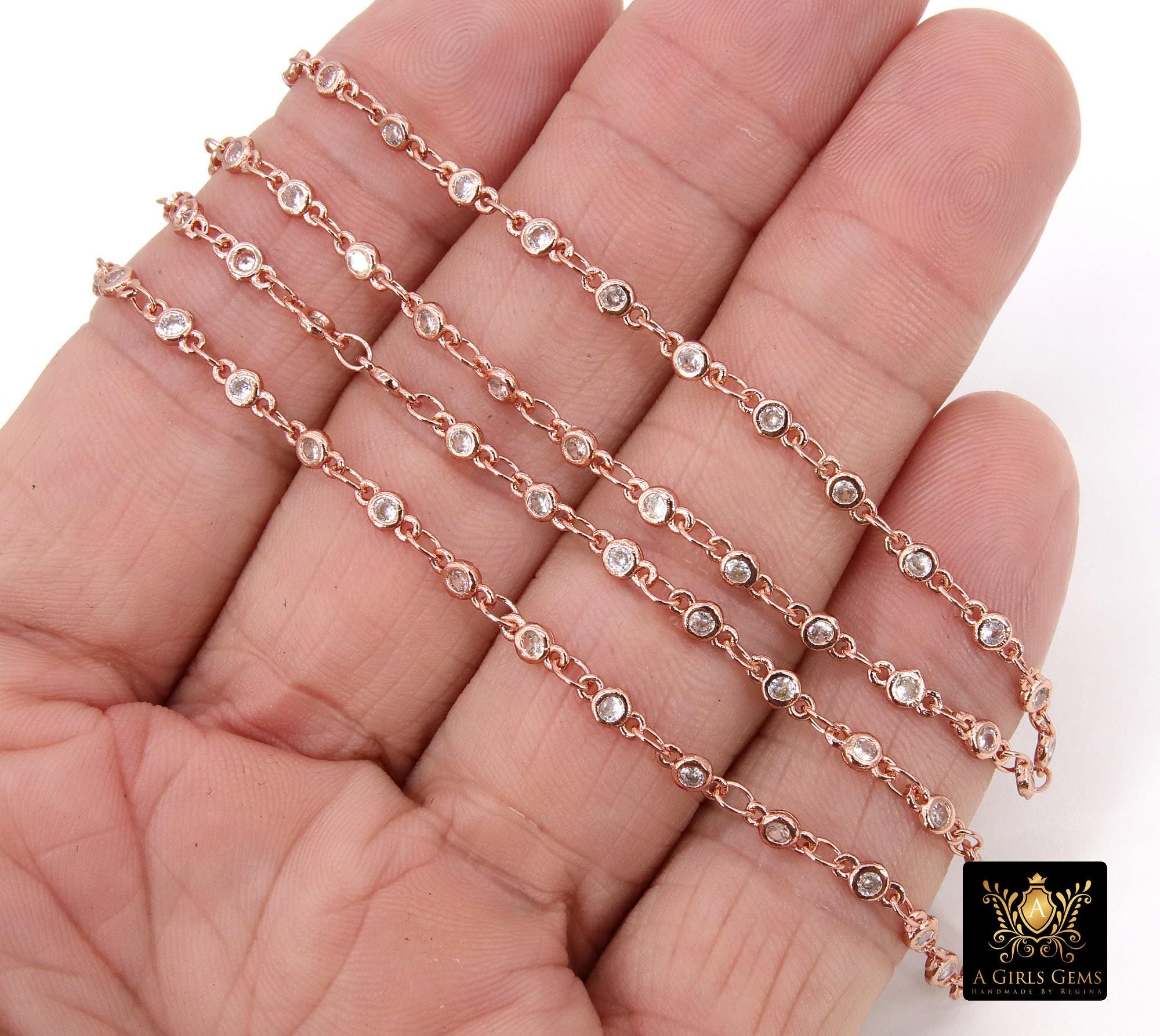 3mm Gold Mixed CZ Chain By The Yard, Silver Genuine Cubic Zirconia Chain CH# 560, By The Foot