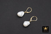 14 K Gold Filled Pearl Drop Earrings, Gold Filled Leverback Ear Wires, Wire Wrap 12 mm Barquoe Pearl