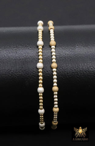 Mixed Metal Stardust Beaded Bracelet, 925 Sterling Silver and 14 K Gold Filled Stretchy Women's Bangle, Handmade Stacking