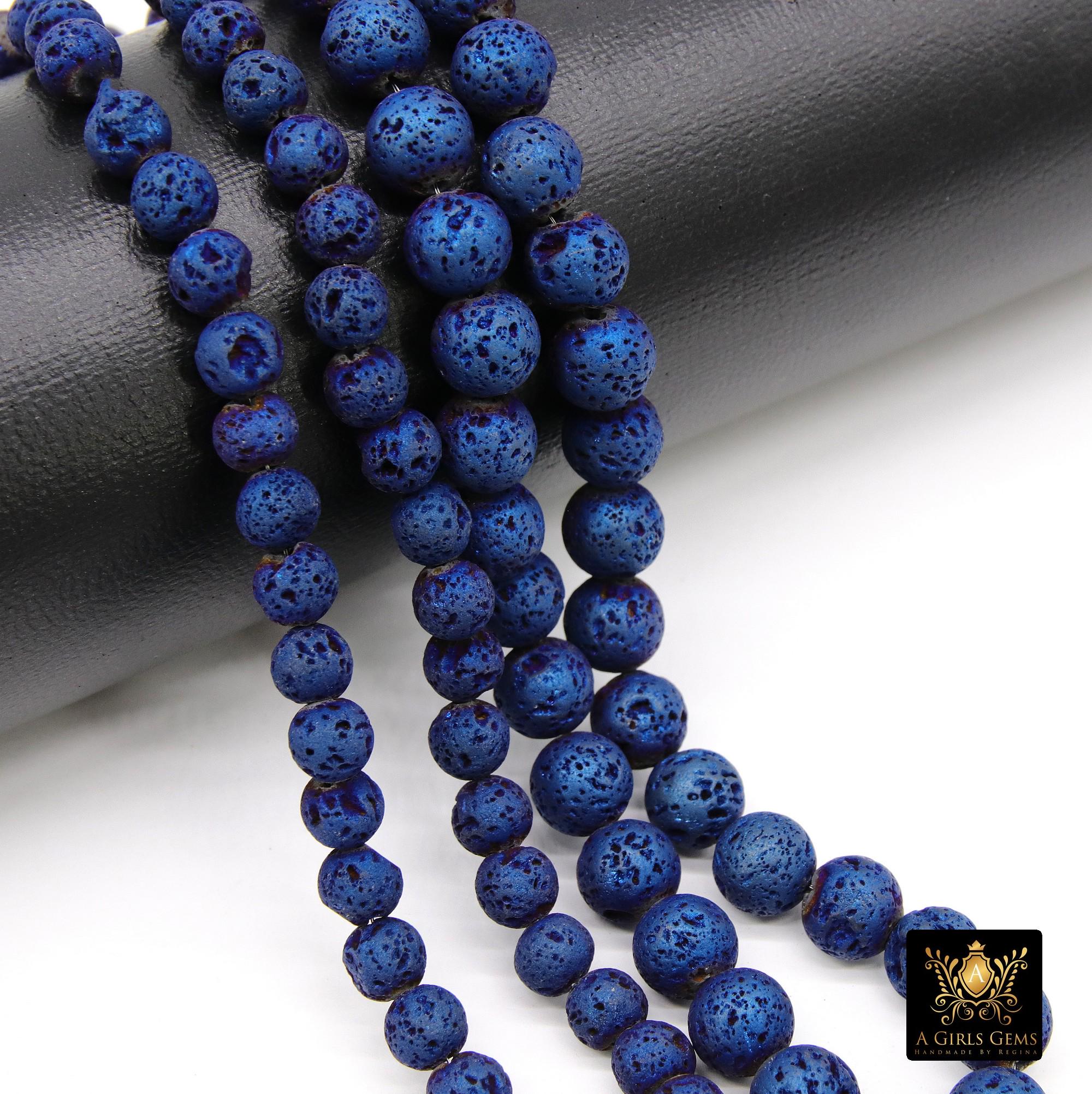 Navy Blue Plated Lava Rock Beads, Shimmery Titanium Textured Beads BS #297, Sizes 6 mm or 8 mm in 15 inch Strands