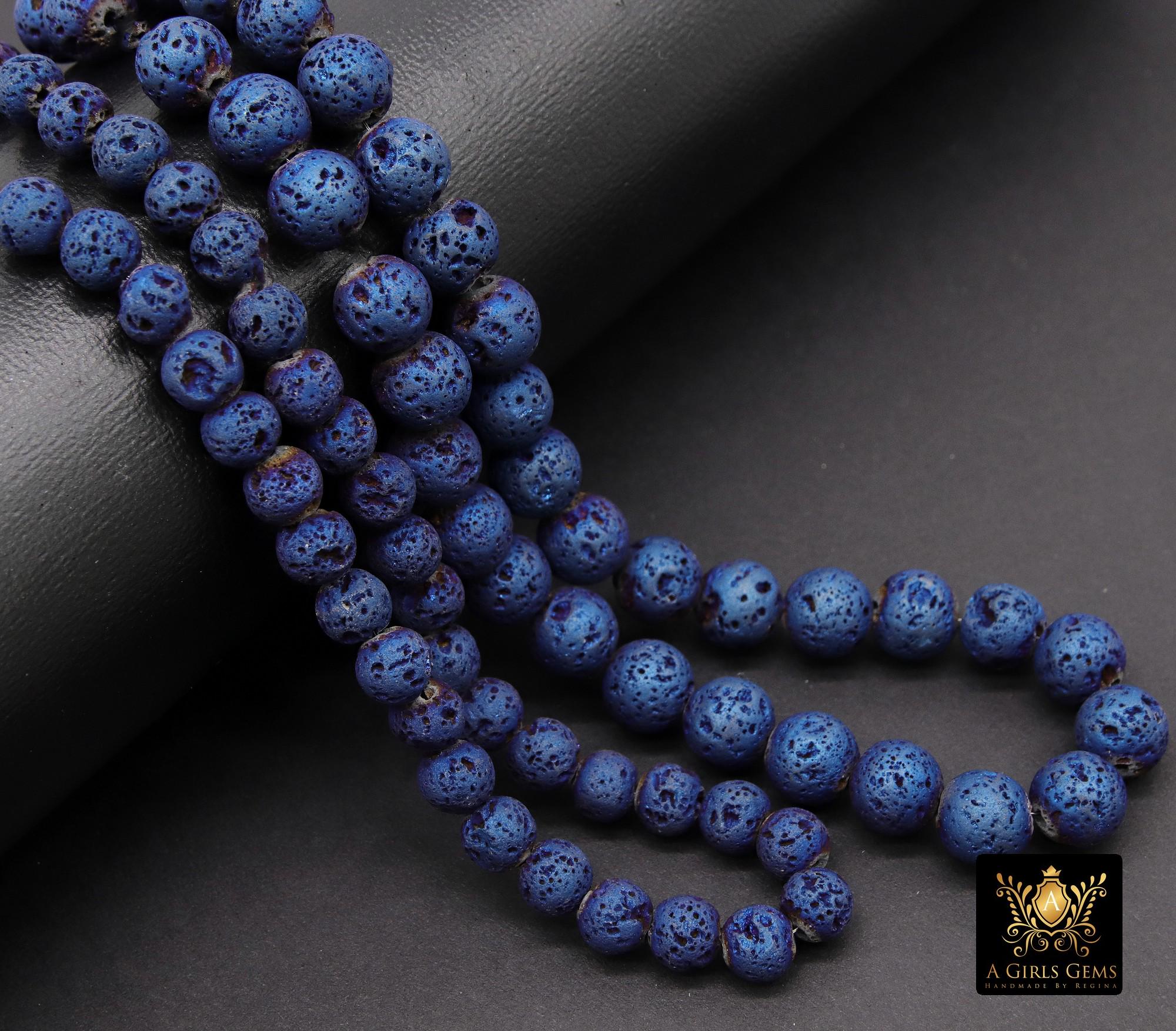 Navy Blue Plated Lava Rock Beads, Shimmery Titanium Textured Beads BS #297, Sizes 6 mm or 8 mm in 15 inch Strands