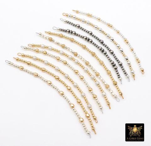 14 K Gold Filled Beaded Connectors, Long Bar 925 Silver Glitter Sandblast or Matte Stardust, Oxidized Navajo Pearls Permanent Jewelry, Mixed Metal Stretchy Half Bracelets