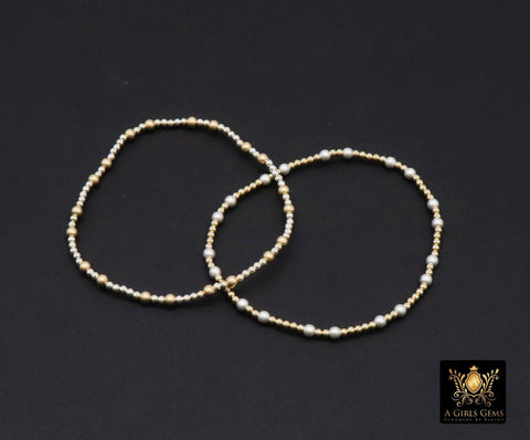 14K Gold Filled Matte Beaded Bracelet, 925 Sterling Silver Mixed Metal Stretchy Women's Bangle, Stacking Bracelets, Hand Made Stacks