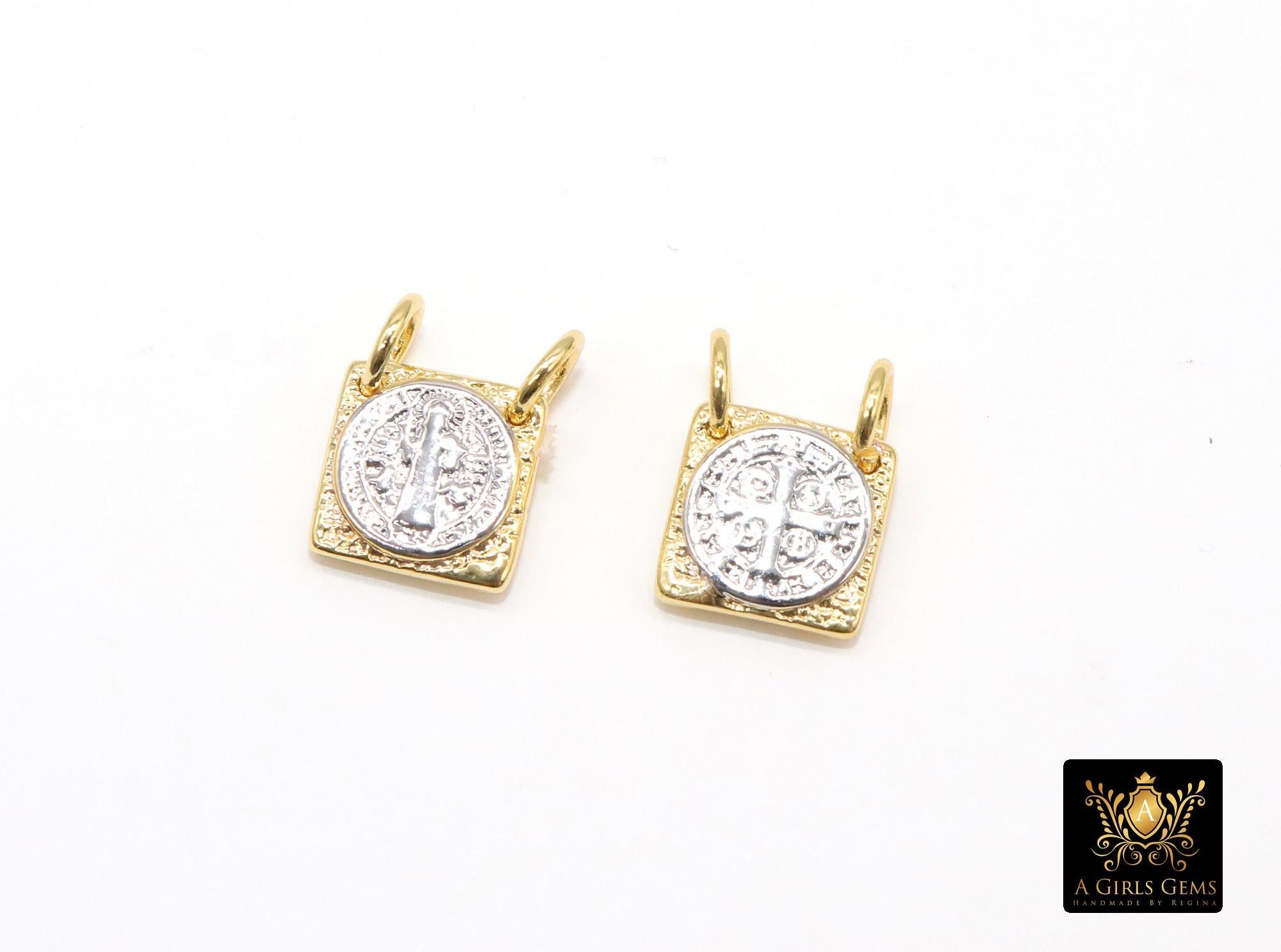 Gold St. Benito Scapular, 10 mm Cross Silver St. Benedict Rectangle Square Charms # 555, Mixed Metal Religous Medals