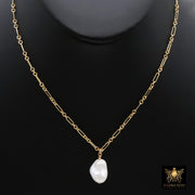 Elegant 14K Gold Filled Pearl Chain Link Necklace, Long Short Gold Dainty Chain With Large Baroque Pearl, Wire Wrapped Charm Necklace