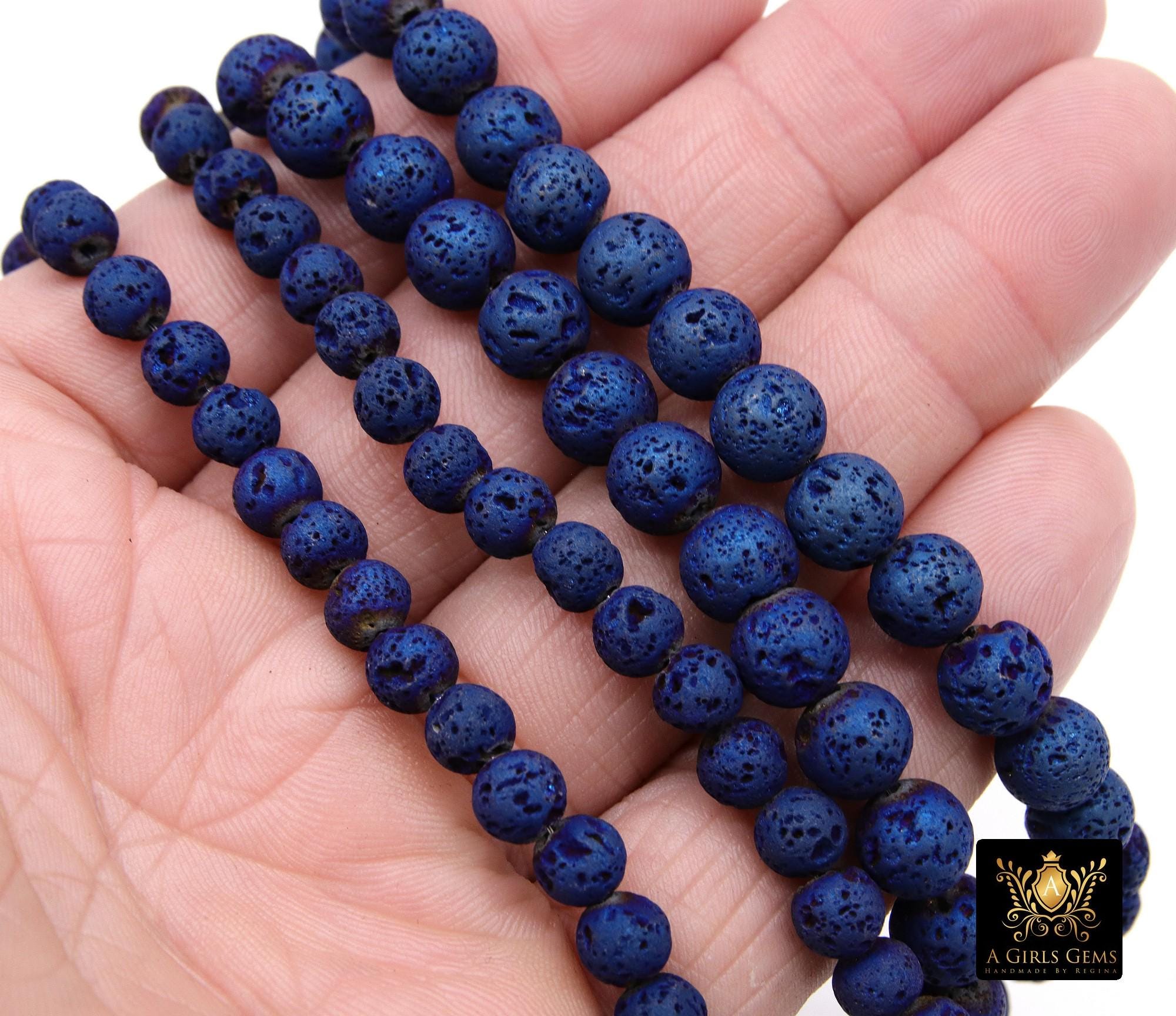 Navy Blue Plated Lava Rock Beads, Shimmery Titanium Textured Beads, sizes 6 mm or 8 mm in 15 inch Strands, Essential Oil Beads