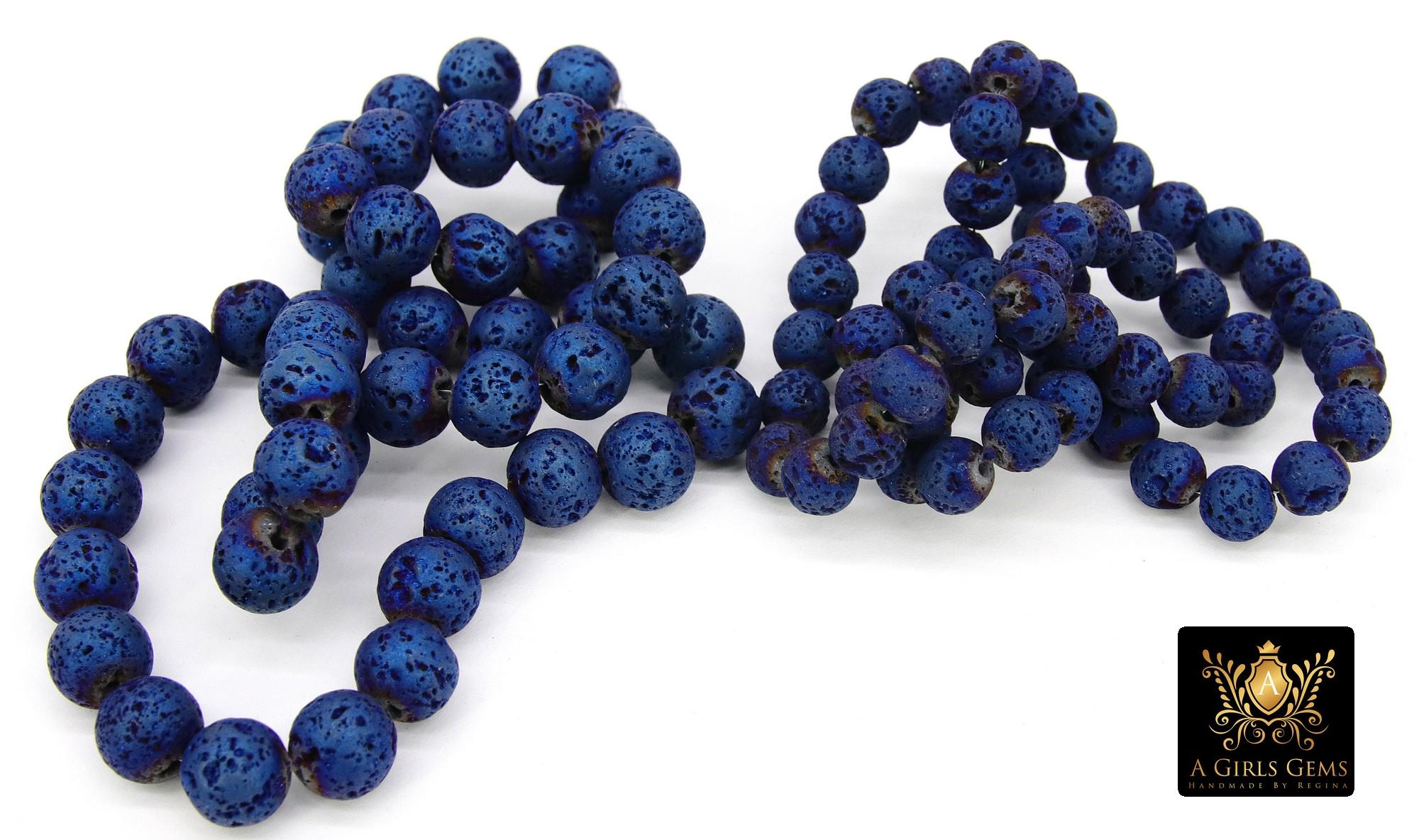 Navy Blue Plated Lava Rock Beads, Shimmery Titanium Textured Beads BS #297, Sizes 6 mm or 8 mm in 15 inch Strands