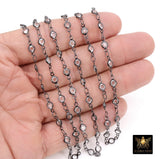 Gunmetal Black Clear Crystal 4 mm Bezel Rosary Chain, Black Plated Connector Bezel CH #516, 4 mm Chains, By The Foot