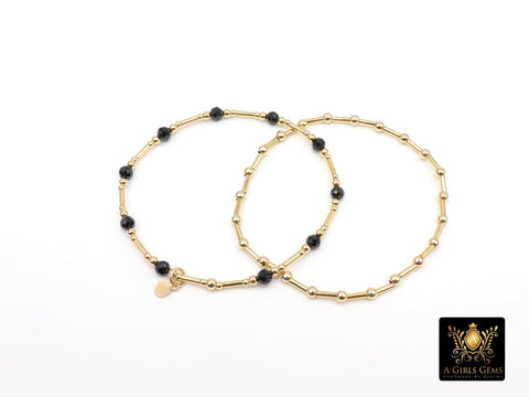14 K Gold Filled Beaded Black Onxy Stretchy Bracelet, Dainty Tube Bar Charm Stacking, Handmade Waterproof Gold Black Semi Precious Gemstone