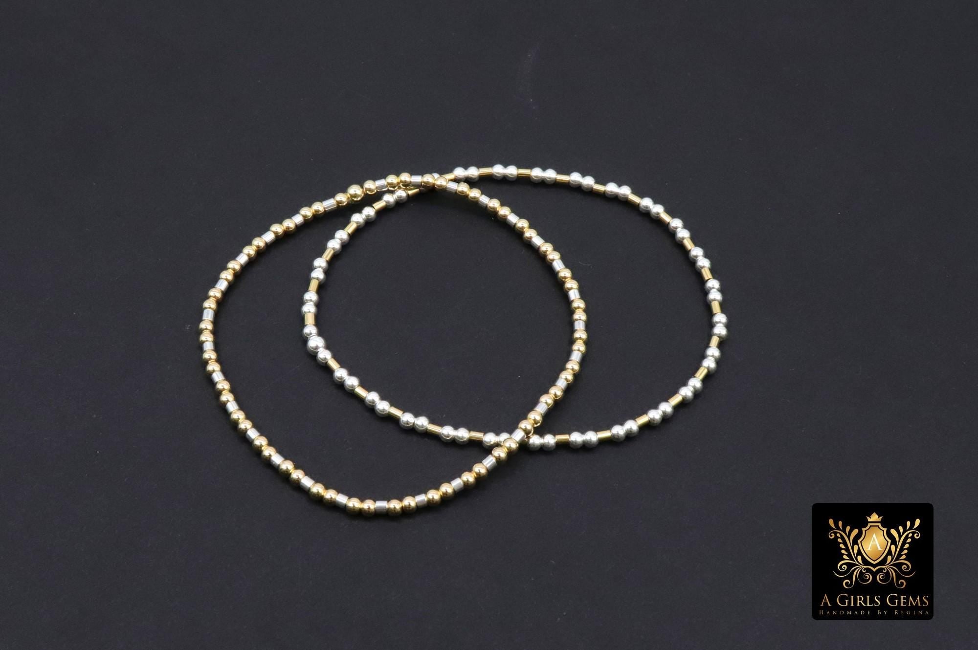 14 K Gold Filled Beaded Stretchy Bracelet, 925 Sterling Silver Mixed Metal Short Tube Bar Stacking Bracelets, Handmade To Order