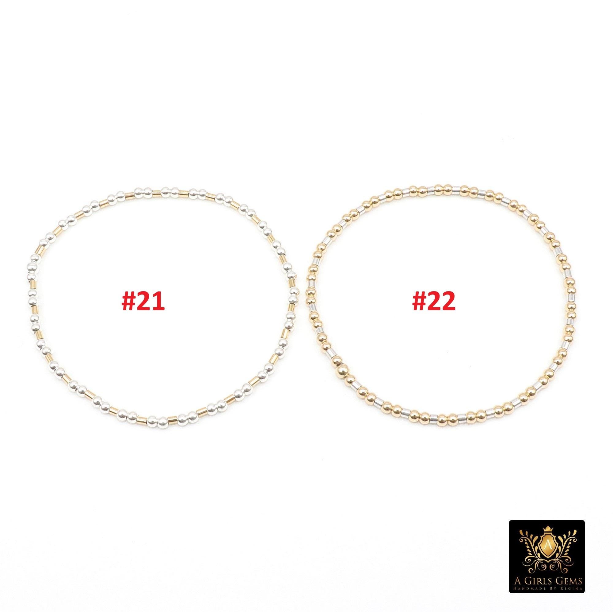 14 K Gold Filled Beaded Stretchy Bracelet, 925 Sterling Silver Mixed Metal Short Tube Bar Stacking Bracelets, Handmade To Order