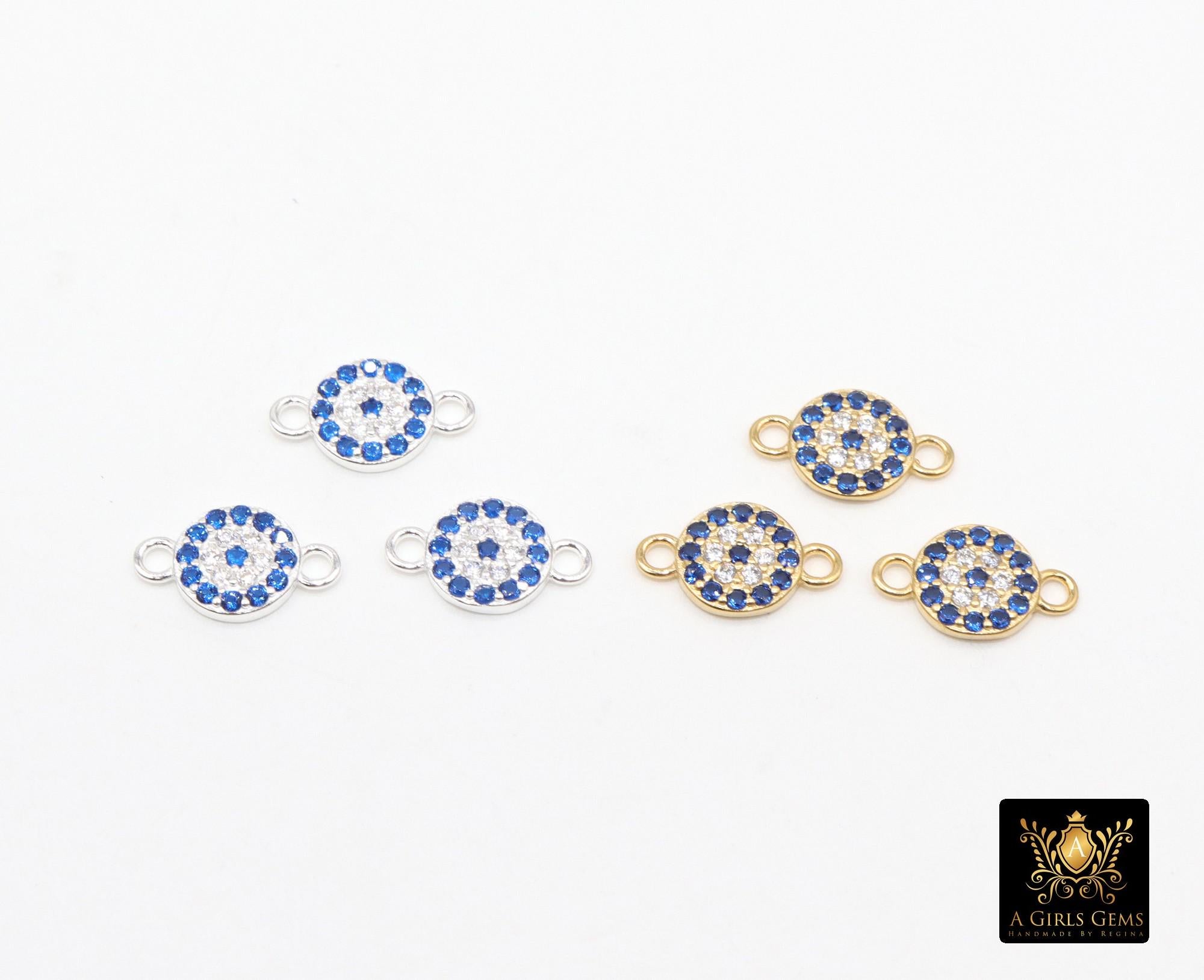 14 K Gold Filled Evil Eye Connectors, 925 Sterling Silver 6 mm CZ Micro Pave Sapphire Blue Links # 3889, Tiny Round Minimalist 2 Hole Links