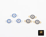 14 K Gold Filled Evil Eye Connectors, 925 Sterling Silver 6 mm CZ Micro Pave Sapphire Blue Links # 3657, Tiny Round Minimalist 2 Hole Links