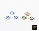 14 K Gold Filled Evil Eye Connectors, 925 Sterling Silver 6 mm CZ Micro Pave Sapphire Blue Links # 3889, Tiny Round Minimalist 2 Hole Links