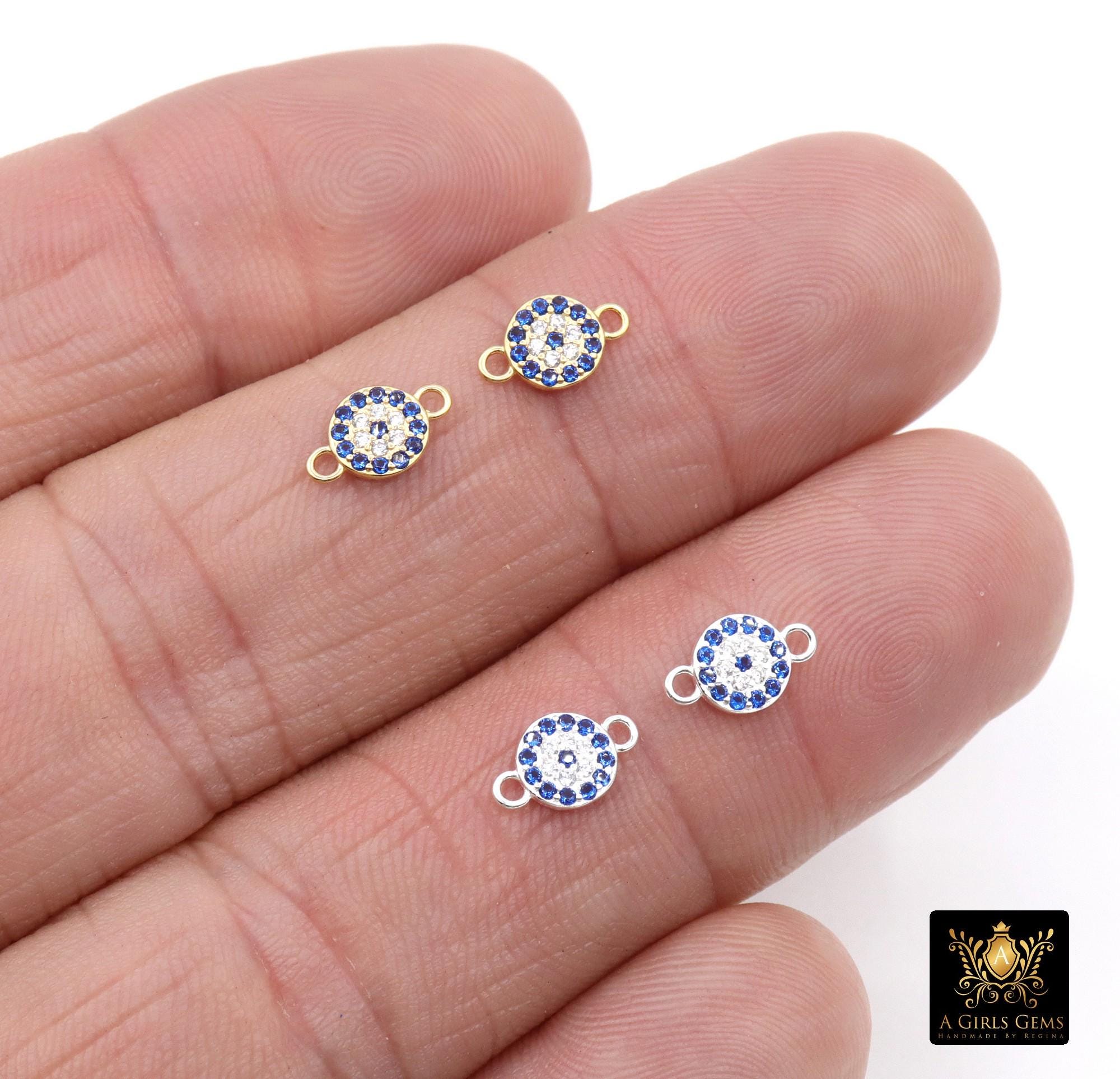 925 Sterling Silver Evil Eye Connectors, 6 mm Gold CZ Micro Pave Sapphire Blue Evil Eyes, Tiny Round Minimalist Jewelry Links, 2 Holes
