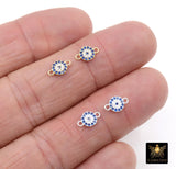 925 Sterling Silver Evil Eye Connectors, 6 mm Gold CZ Micro Pave Sapphire Blue Evil Eyes, Tiny Round Minimalist Jewelry Links, 2 Holes