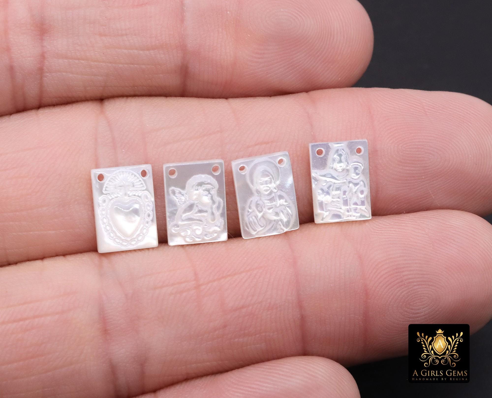 14 k Gold Filled Angel Cherub Scapular, Mother of Pearl 925 Silver Jesus # 3618, 2 Hole Charms