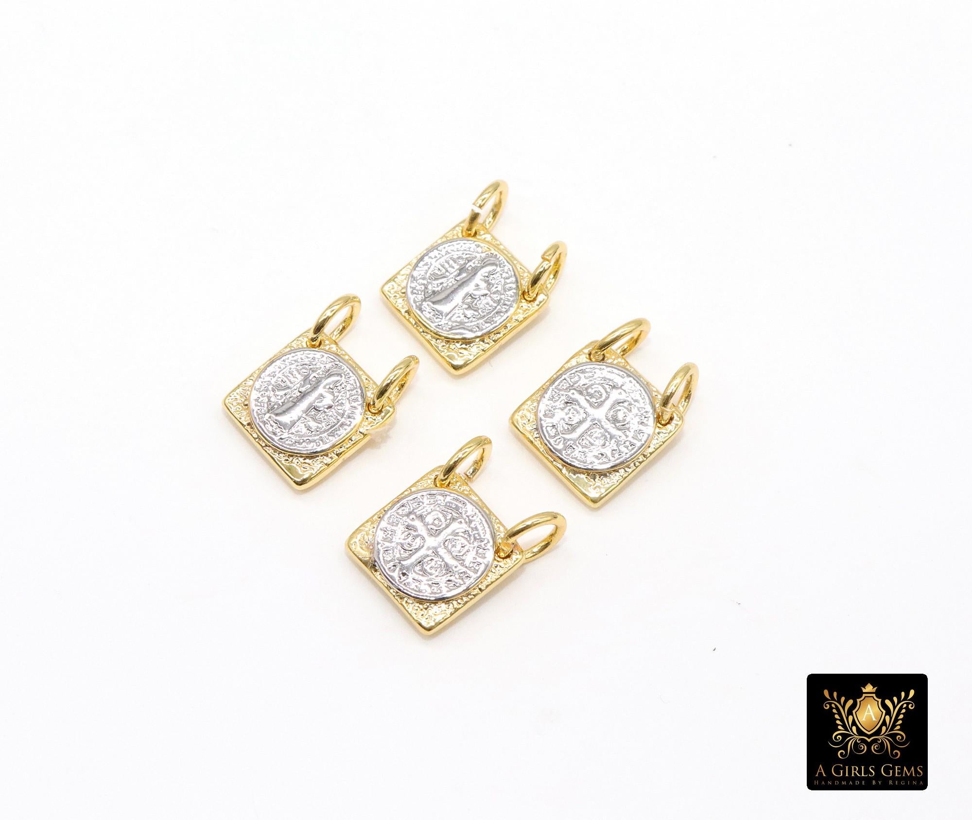 Gold St. Benito Scapular, 10 mm Cross Silver St. Benedict Rectangle Square Charms # 555, Mixed Metal Religous Medals
