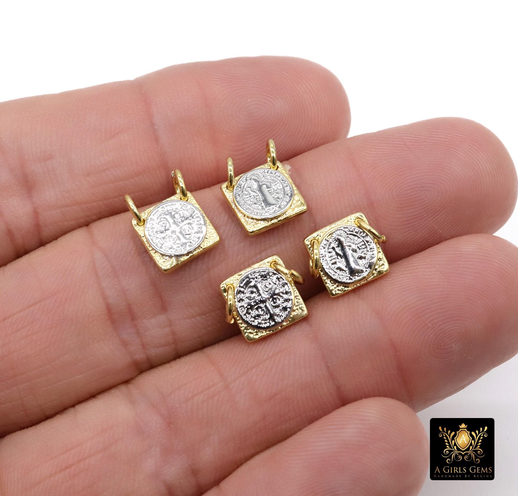 Gold St. Benito Scapular, 10 mm Cross Silver St. Benedict Rectangle Square Charms # 555, Mixed Metal Religous Medals