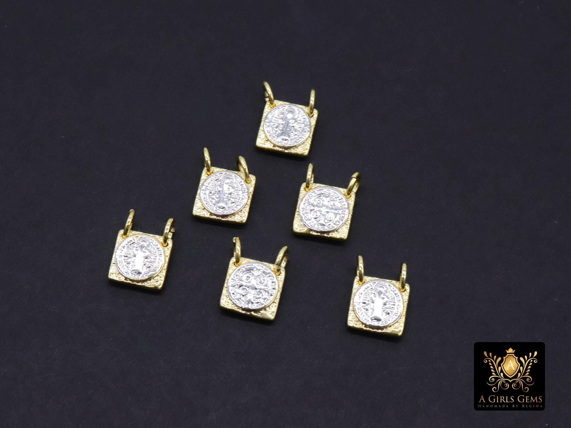 Gold St. Benito Scapular, 10 mm Cross Silver St. Benedict Rectangle Square Charms # 555, Mixed Metal Religous Medals