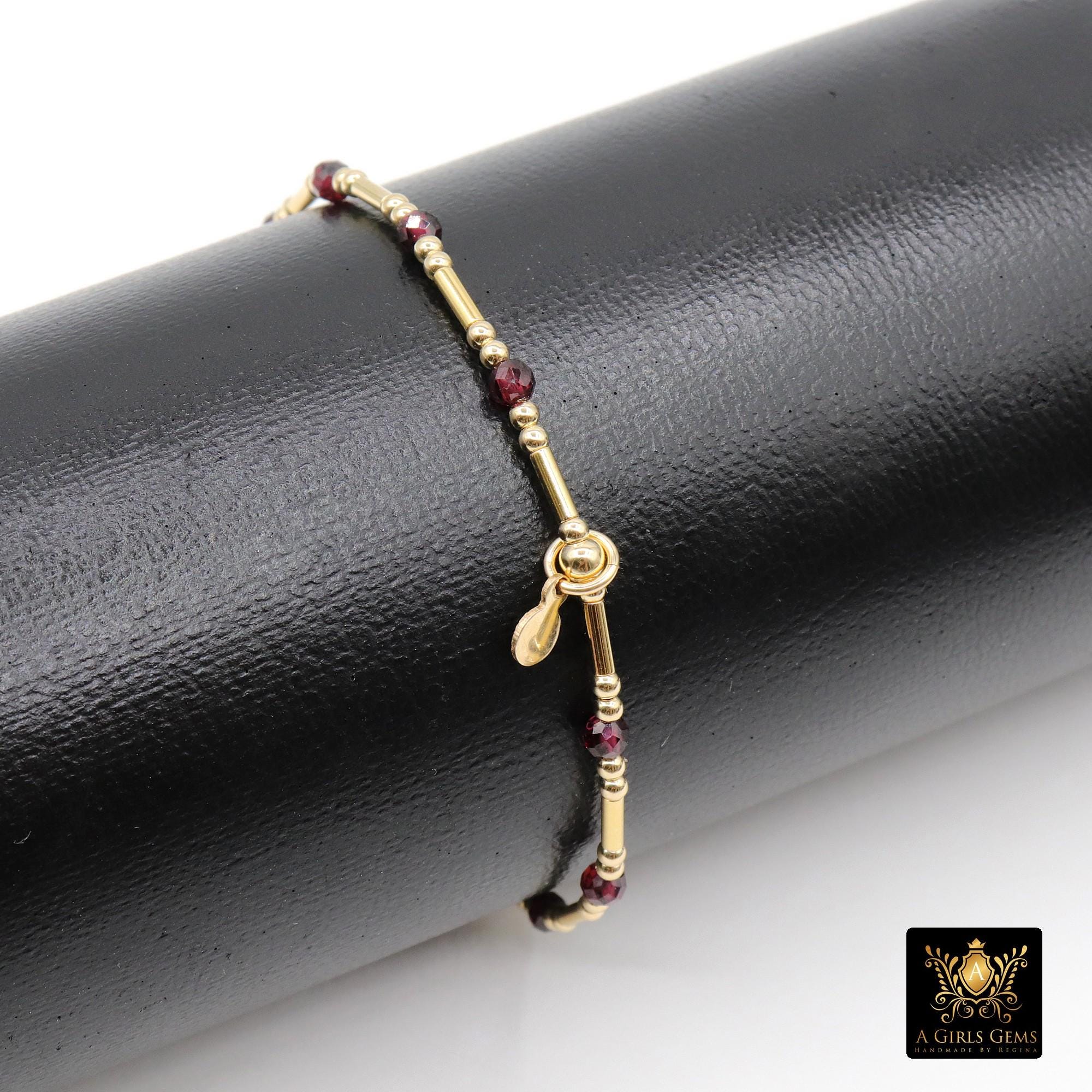 14 K Gold Filled Beaded Garnet Stretchy Bracelet, Dainty Tube Gemstone Stacking Bracelet, Handmade Red January Birthstone Gemstone Bracelet