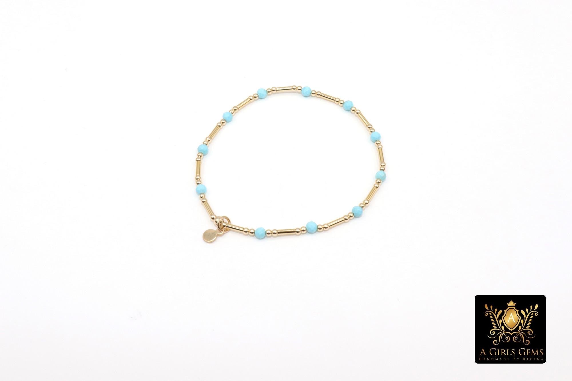 14 K Gold Filled Beaded Blue Turquoise Stretchy Bracelet, Dainty Tube Gemstone Stacking Bracelet, Handmade December Birthstone Bracelet