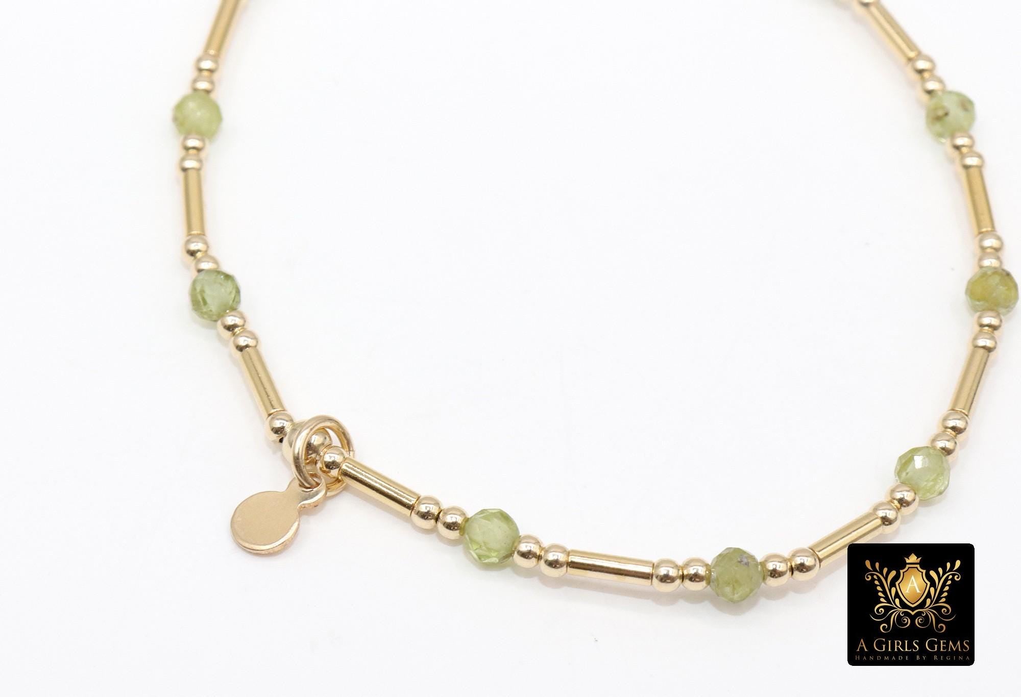 14 K Gold Filled Beaded Peridot Stretchy Bracelet, Dainty Tube Stacking Bracelet, Handmade Green Gemstone Bracelet, August Birthstone