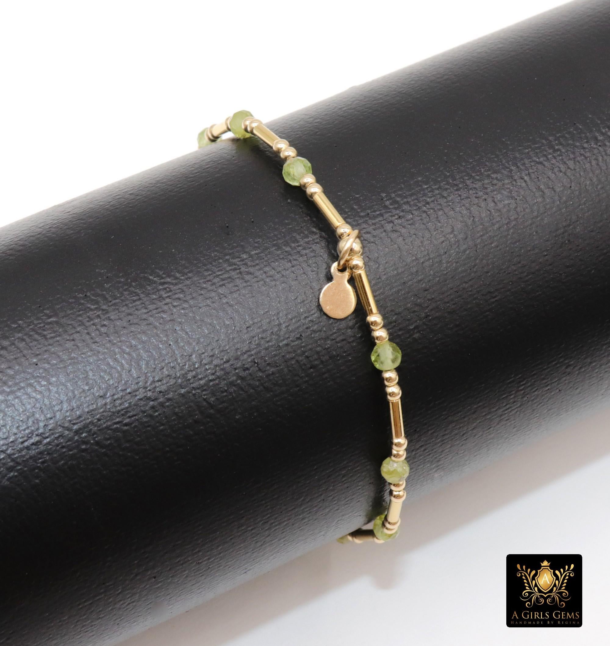 14 K Gold Filled Beaded Peridot Stretchy Bracelet, Dainty Tube Stacking Bracelet, Handmade Green Gemstone Bracelet, August Birthstone