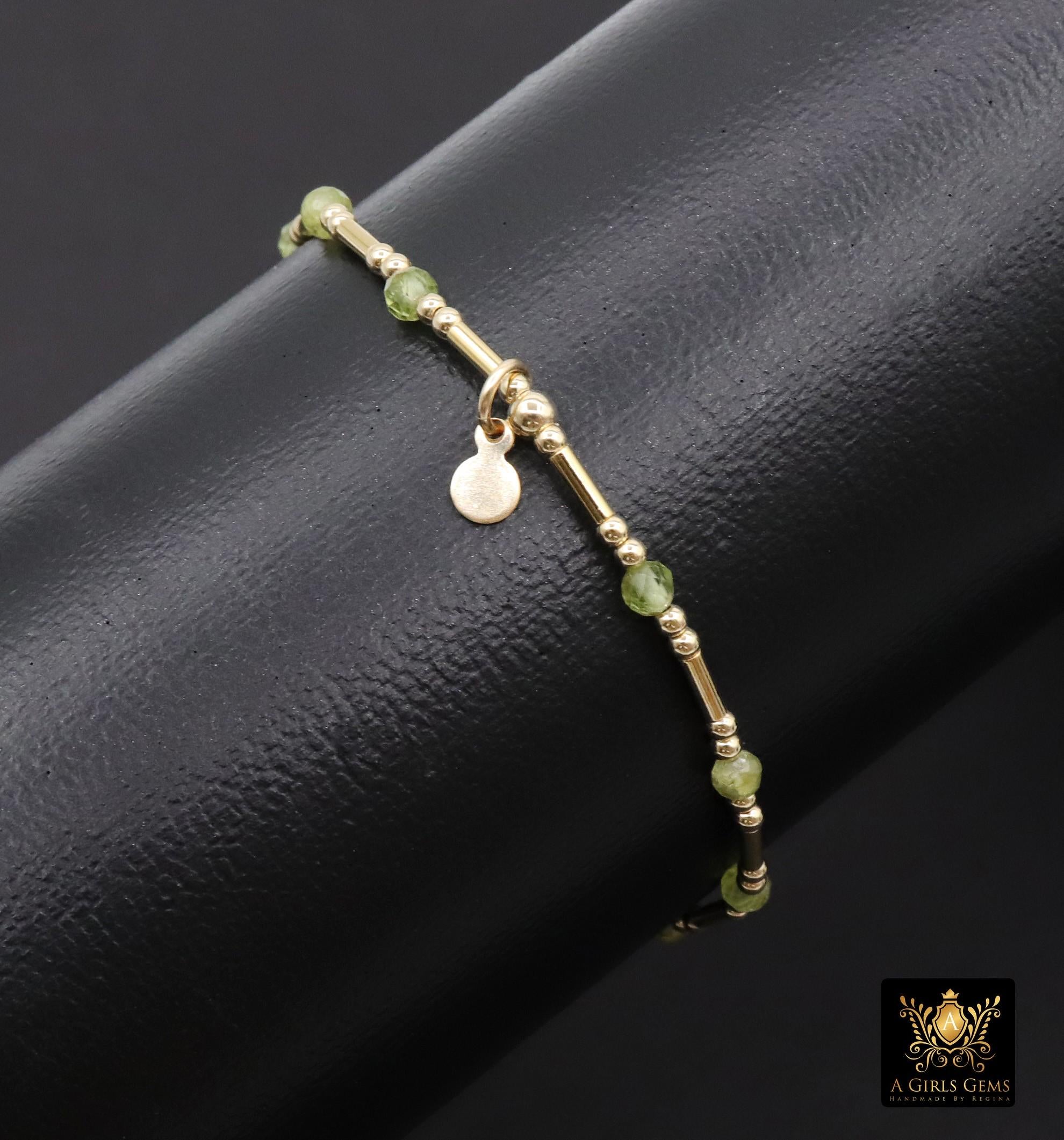 14 K Gold Filled Beaded Peridot Stretchy Bracelet, Dainty Tube Stacking Bracelet, Handmade Green Gemstone Bracelet, August Birthstone