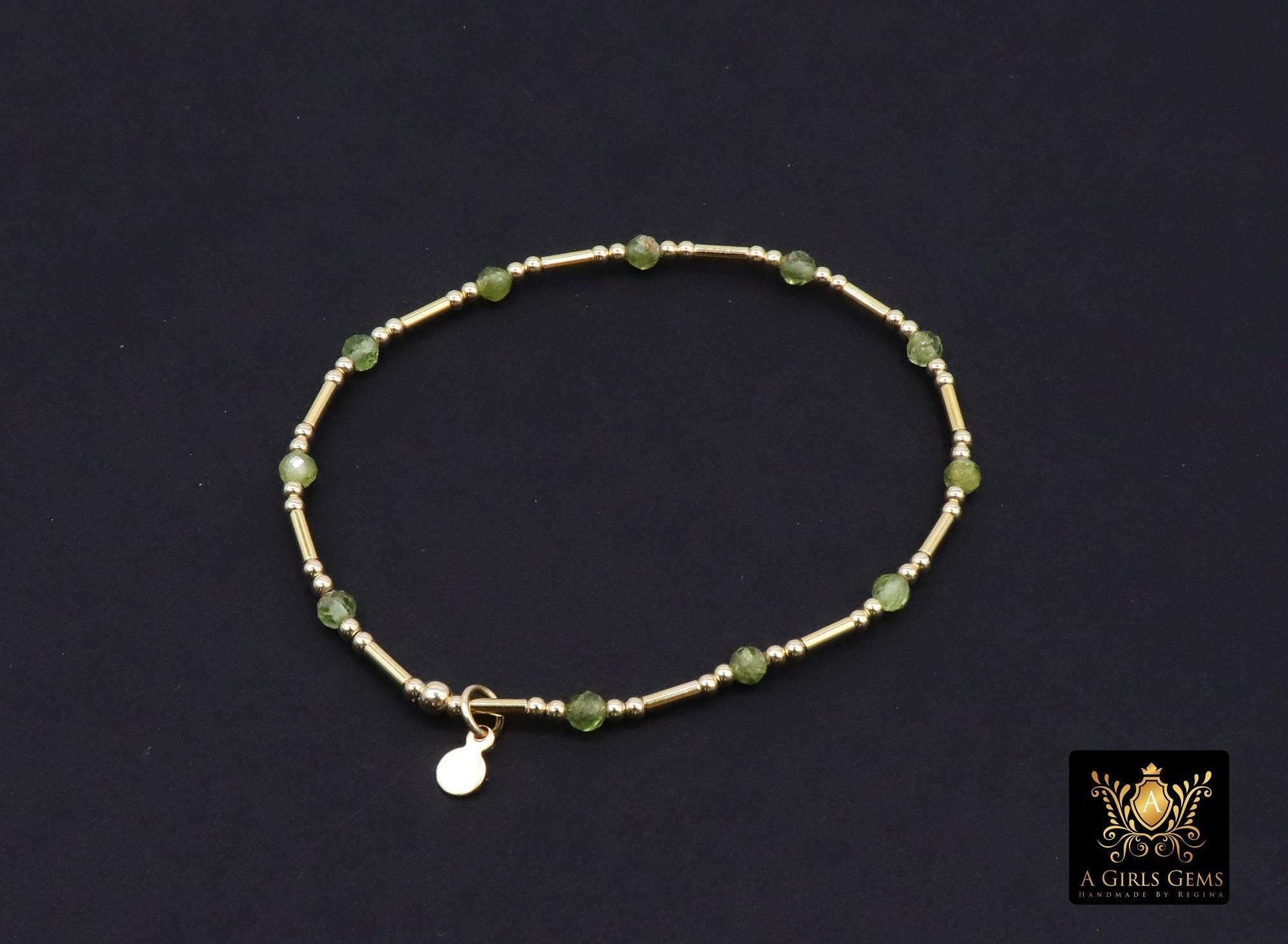 14 K Gold Filled Beaded Peridot Stretchy Bracelet, Dainty Tube Stacking Bracelet, Handmade Green Gemstone Bracelet, August Birthstone