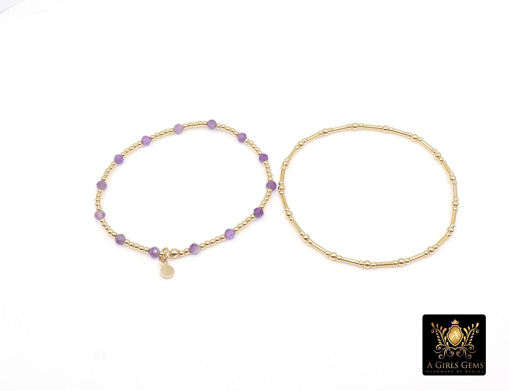 14 K Gold Filled Beaded Amethyst Stretchy Bracelet, Dainty Tube Purple Gemstone Stacking Bracelet, Handmade February Birthstone Bracelet