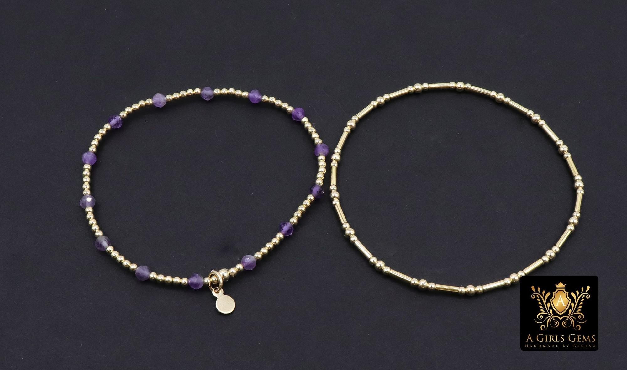 14 K Gold Filled Beaded Amethyst Stretchy Bracelet, Dainty Tube Purple Gemstone Stacking Bracelet, Handmade February Birthstone Bracelet