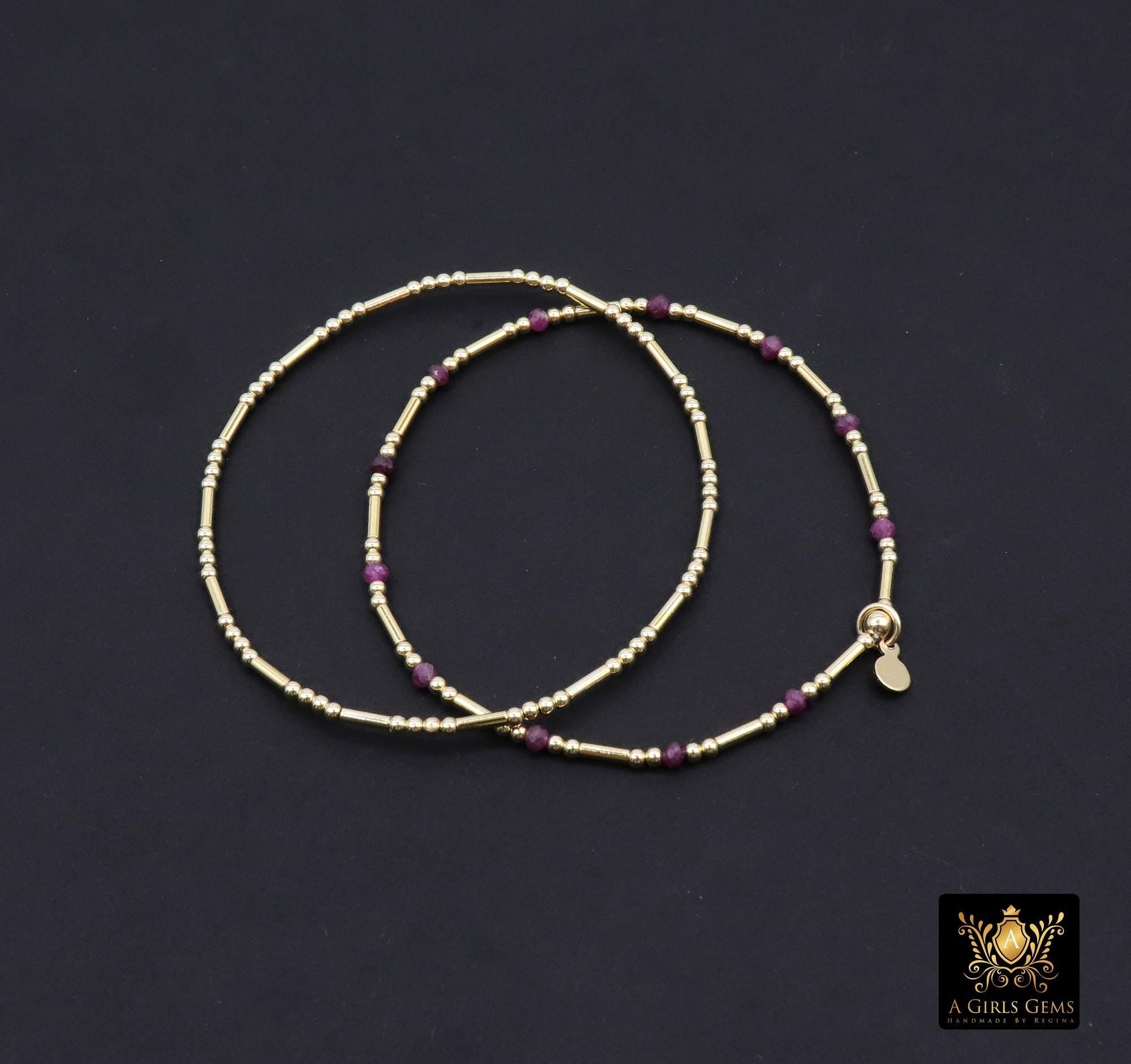 14 K Gold Filled Beaded Pink Tourmaline Stretchy Bracelet, Dainty Tube Gemstone Stacking Bracelet, Handmade, October Birthstone Bracelet