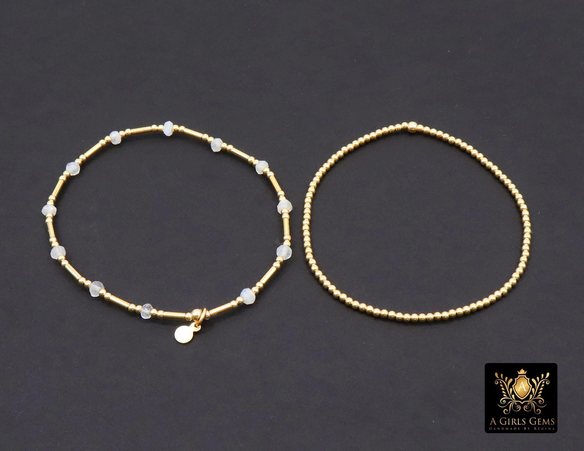 14 K Gold Filled Beaded Opal Stretchy Bracelet, Dainty Tube Gemstone Stacking Bracelet, Handmade October Birthstone Opalite White Bracelet