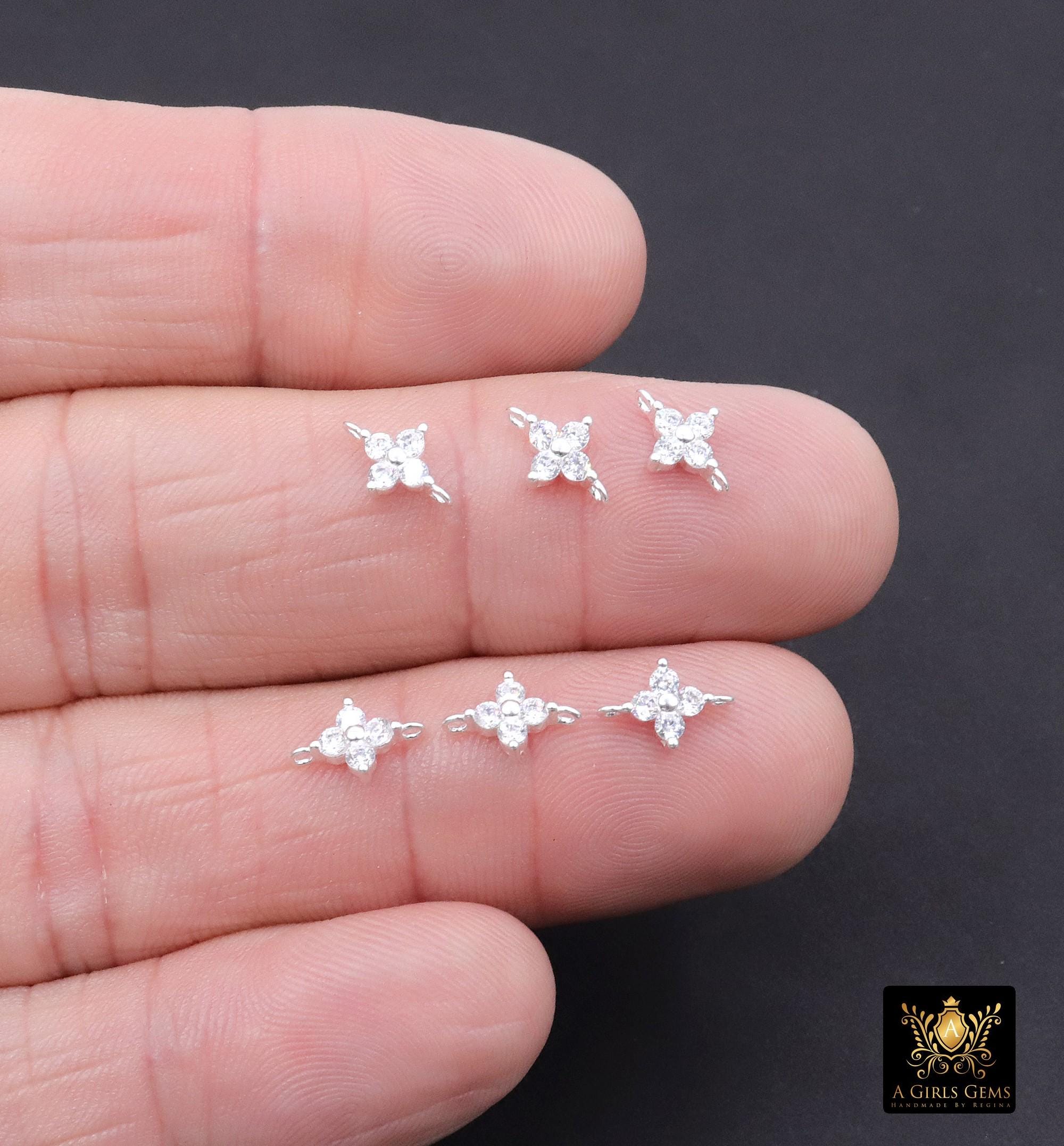 925 Sterling Silver CZ Clover Connectors, 6 mm Cubic Zirconia Silver Quatrefoil Links # 3900, Minimulist Jewelry, 6 x 9 mm