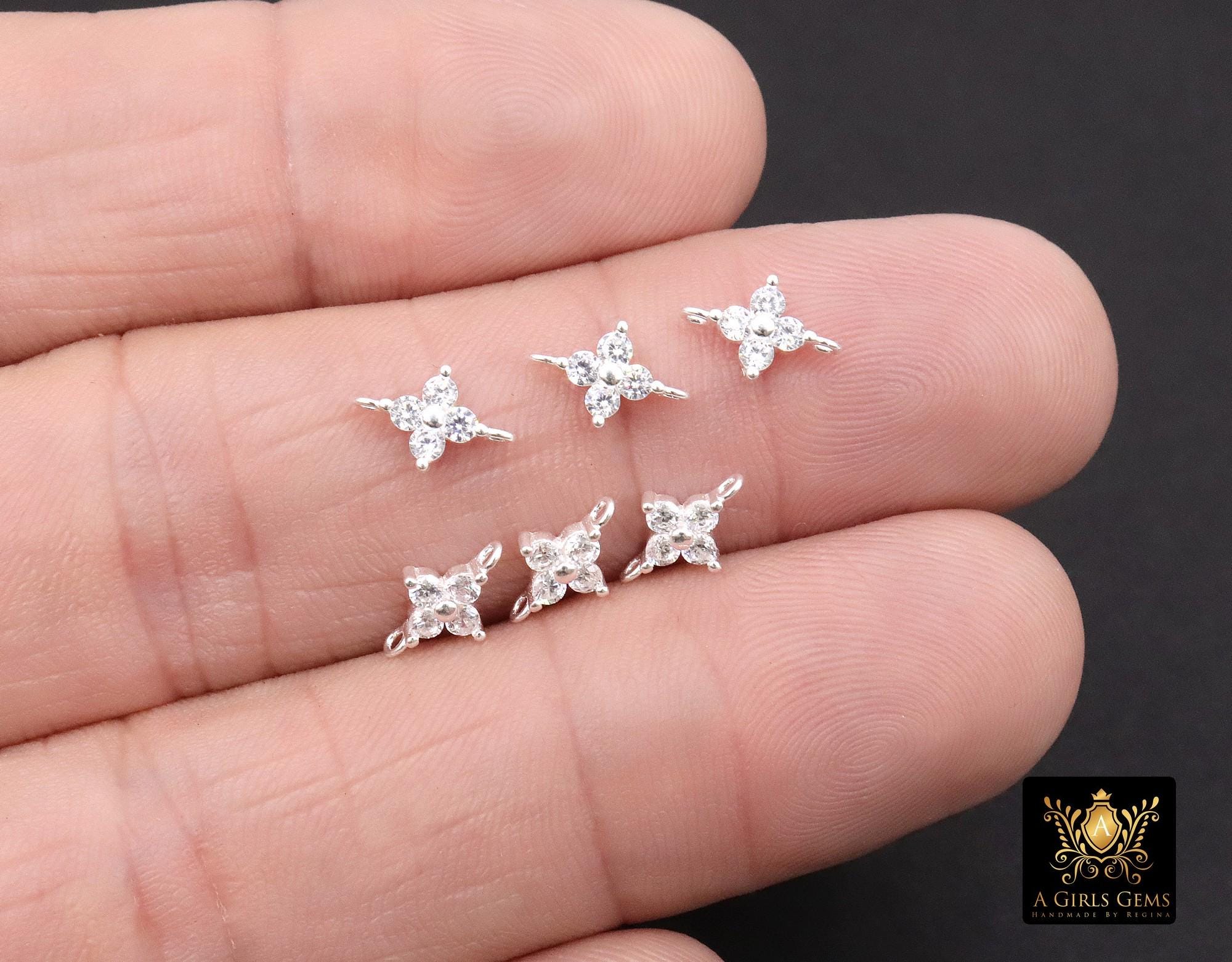 925 Sterling Silver CZ Clover Connectors, 6 mm Cubic Zirconia Silver Quatrefoil Links # 3900, Minimulist Jewelry, 6 x 9 mm