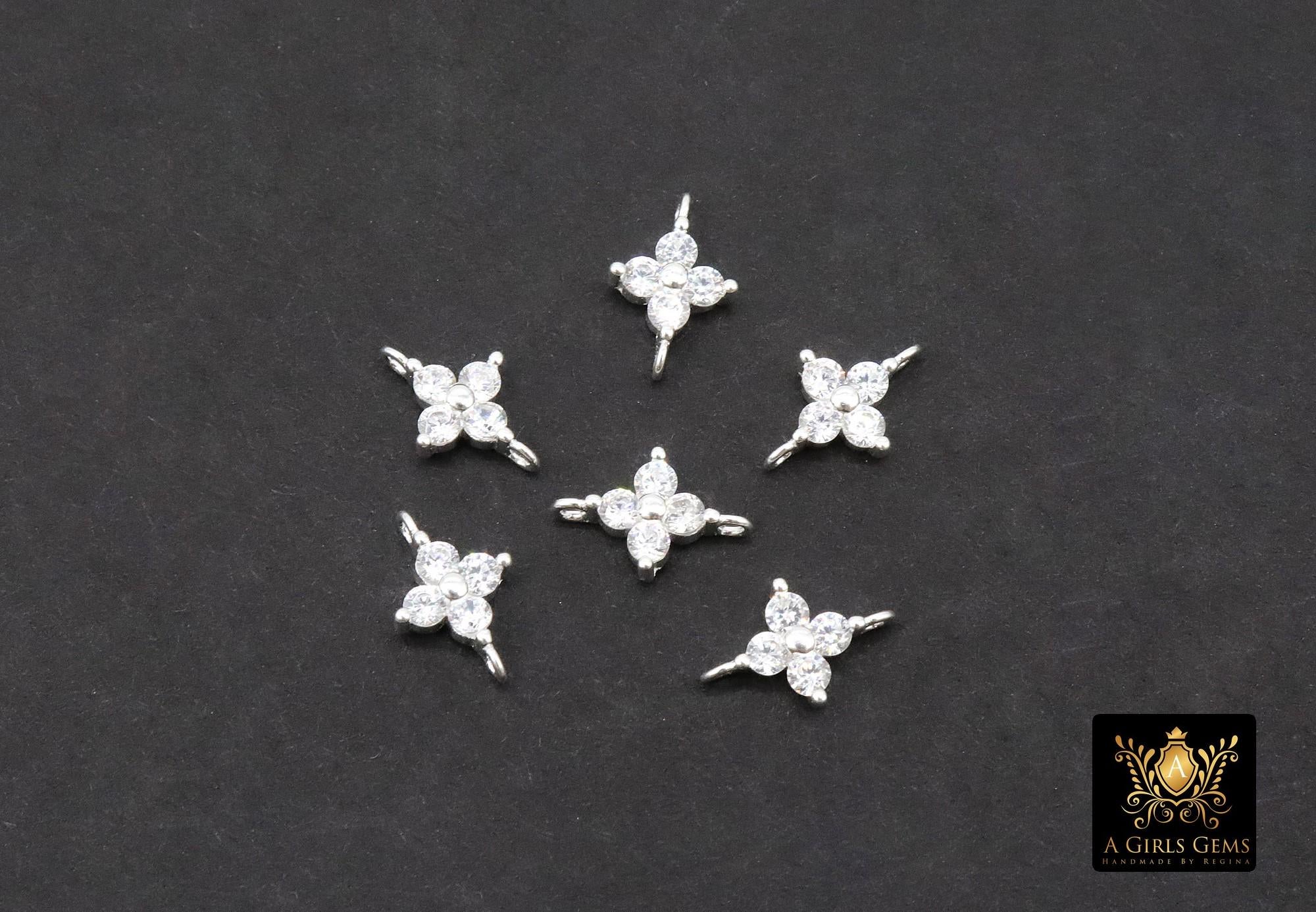 925 Sterling Silver CZ Clover Connectors, 6 mm Cubic Zirconia Silver Quatrefoil Links # 3900, Minimulist Jewelry, 6 x 9 mm