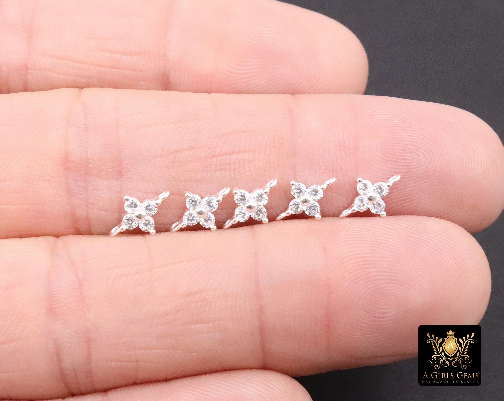 925 Sterling Silver CZ Clover Connectors, 6 mm Cubic Zirconia Silver Quatrefoil Links # 3900, Minimulist Jewelry, 6 x 9 mm