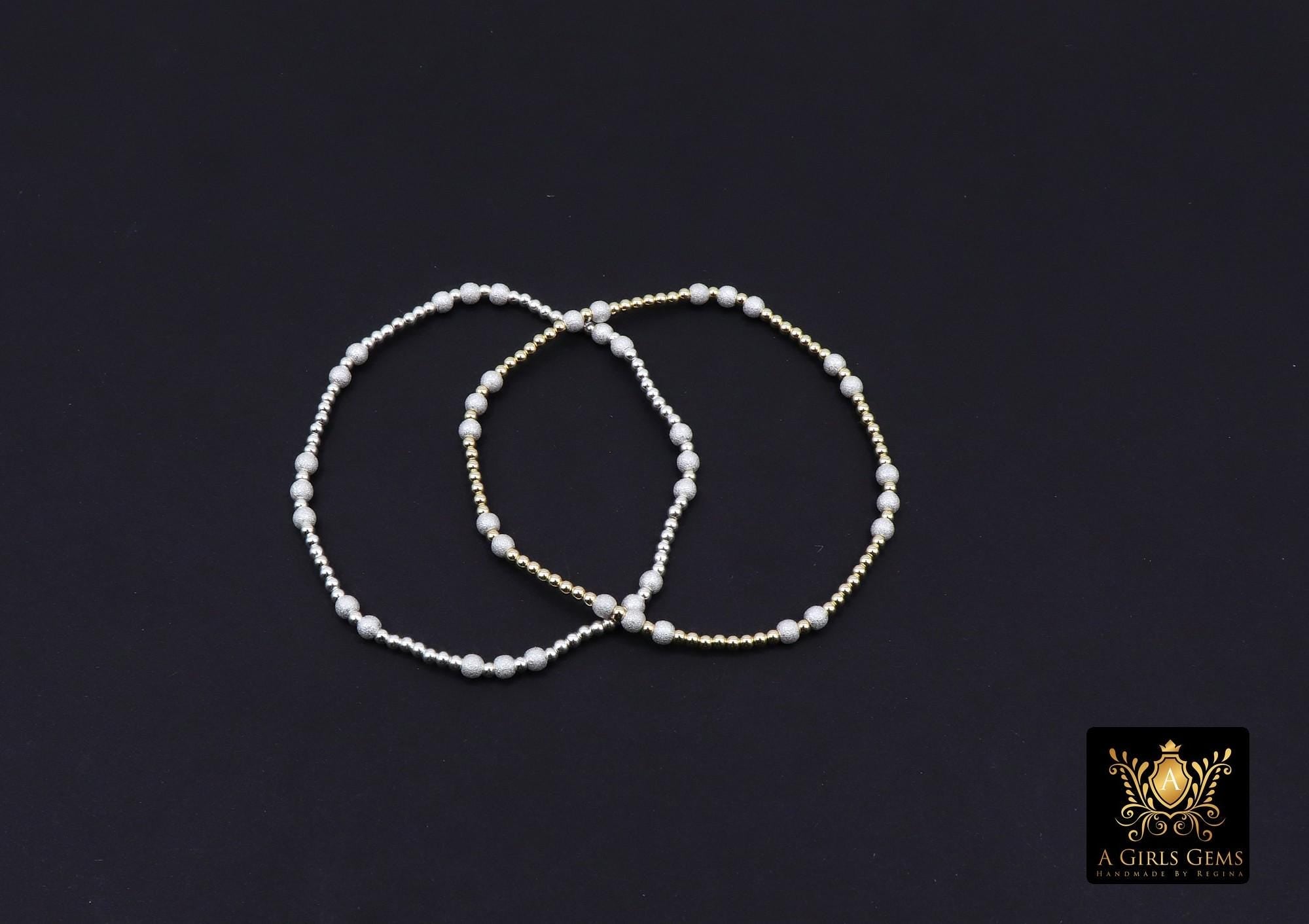 14K Gold Filled Stardust Beaded Bracelet, 925 Sterling Silver Sparkle Mixed Metal Stretchy Women's Bangle, Stacking Bracelets, Handmade