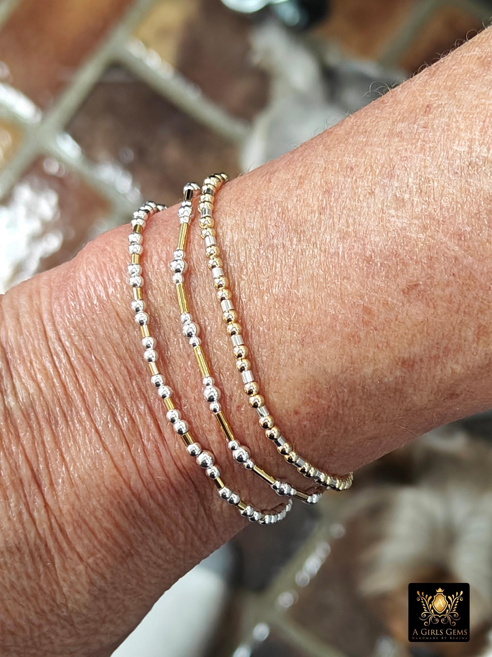 14 K Gold Filled Beaded Stretchy Bracelet, 925 Sterling Silver Mixed Metal Short Tube Bar Stacking Bracelets, Handmade To Order