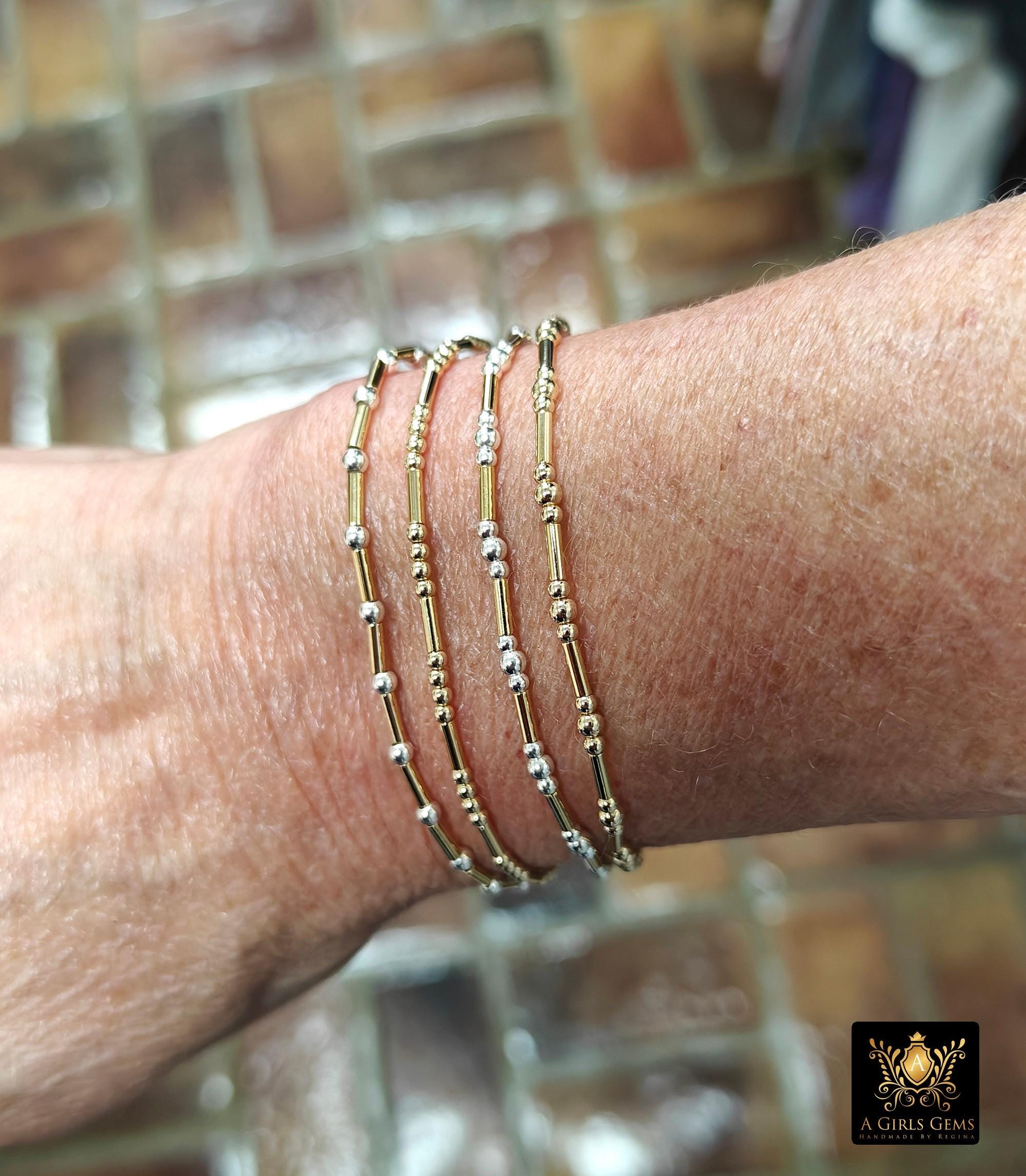 Mixed Metal Beaded Bar Bracelet, 925 Sterling Silver and 14 K Gold Filled Stretchy Cross Charms Stacking Bracelets, Handmade Bracelet
