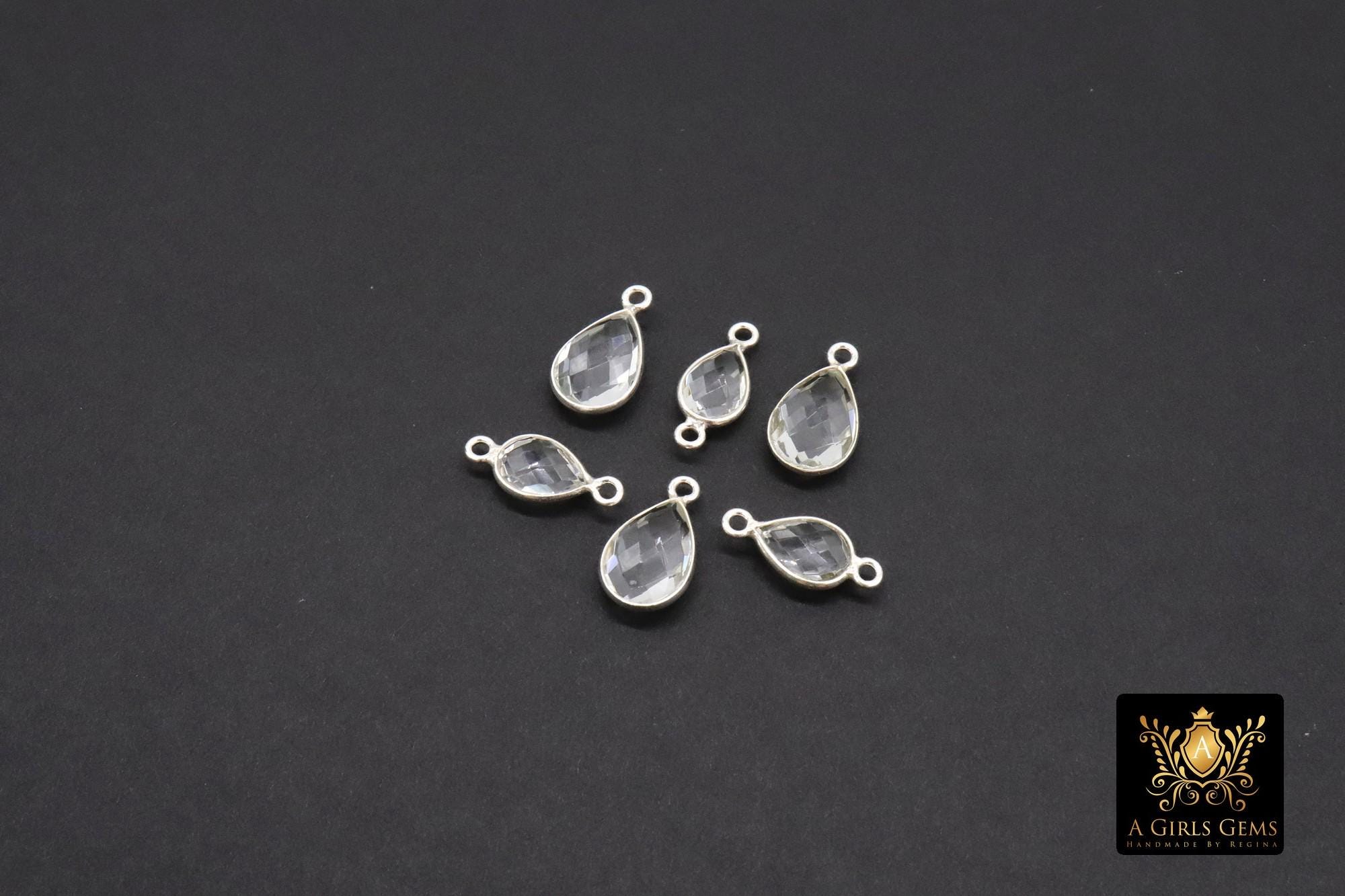 Silver Clear Teardrop Connectors, Gold Over 925 Sterling Silver Charms # 3225, Oval Clear Crystal Quartz Links, Bridesmaid Jewelry