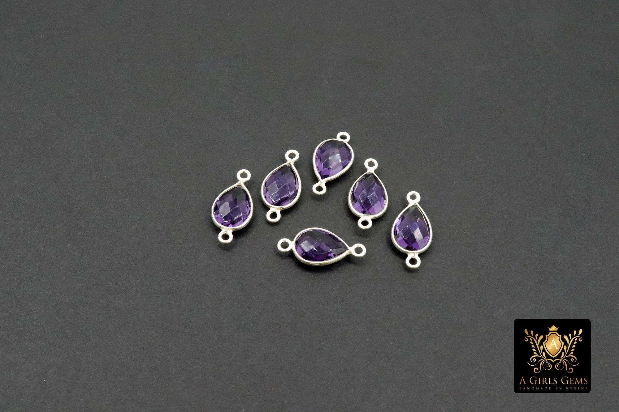 Silver Purple Teardrop Connectors, 925 Sterling Silver Links # 3225, Oval Amethst Links