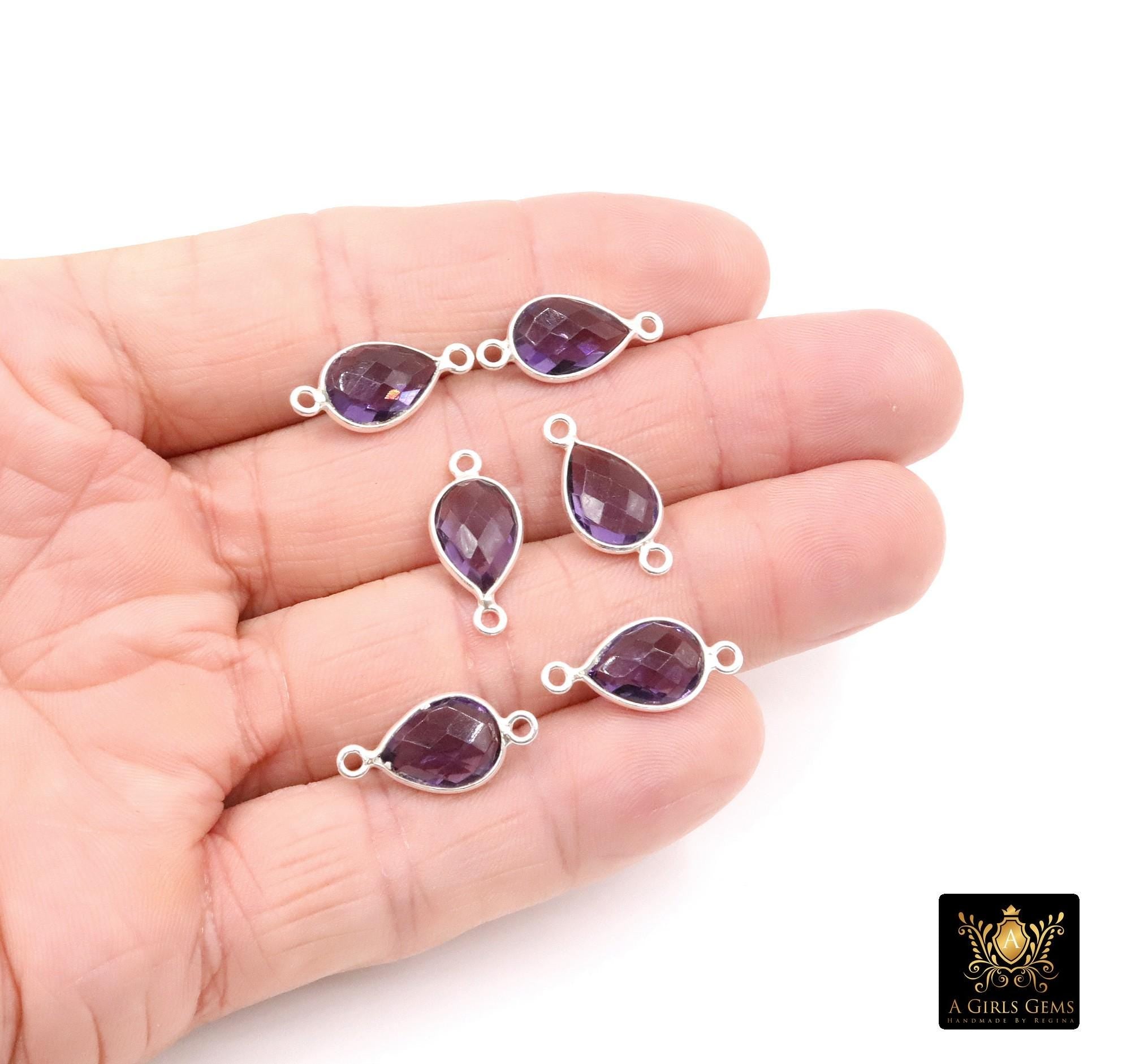 Silver Purple Teardrop Connectors, 925 Sterling Silver Links # 3225, Oval Amethst Links