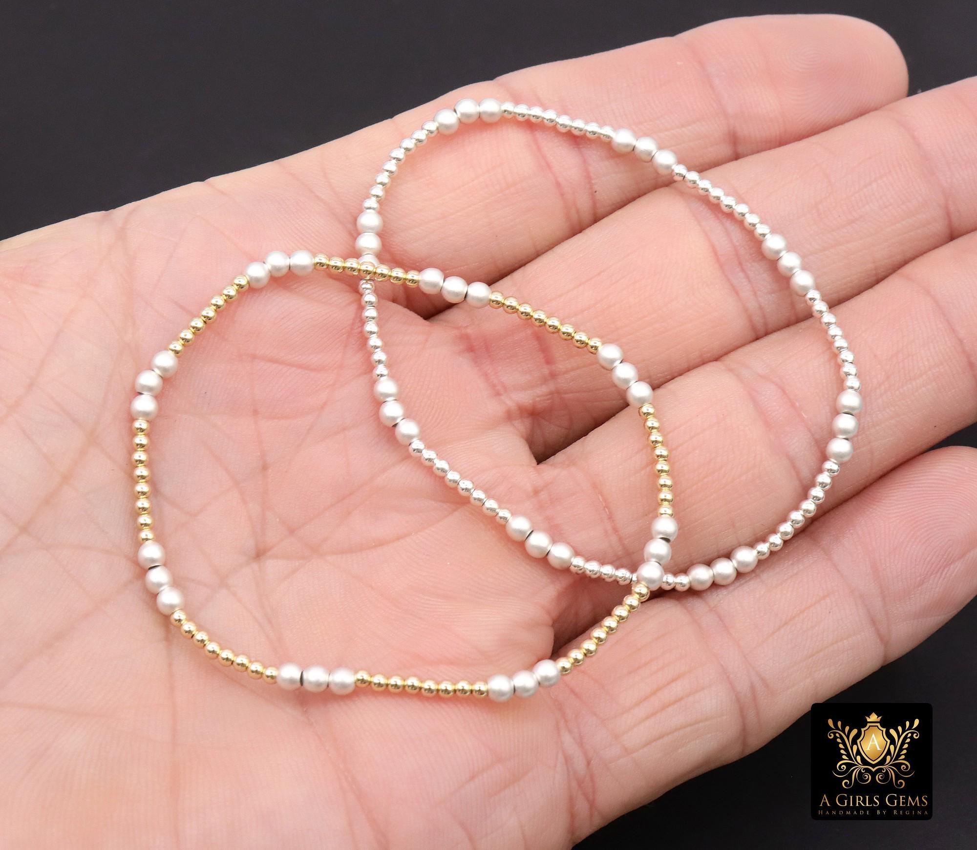 Mixed Metal Beaded Bracelet, 925 Sterling Silver and 14 K Gold Filled Sparkle Stardust Stretchy Women's Bangle, Stacking Bracelets